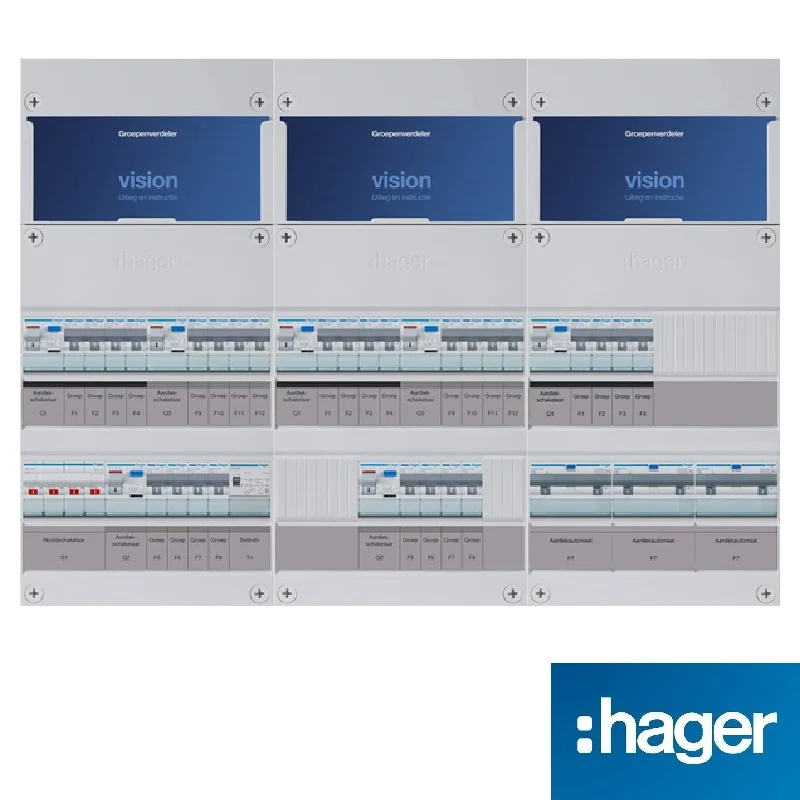 Hager Vision groepenkast, 3-fasen, driedelige kast met 28 gewone groepen