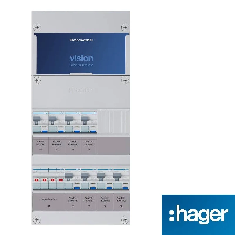 Hager Vision groepenkast 3-fasen, 8 groepen met individuele aardlekautomaten