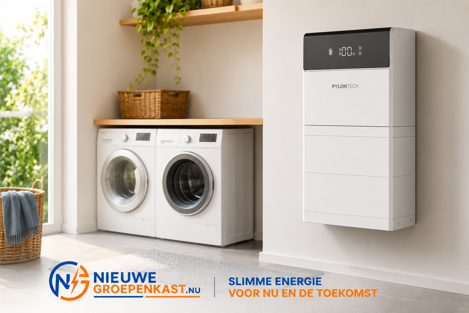 Pylontech thuisbatterij naast een wasmachine — slimme energieopslag voor nu en de toekomst