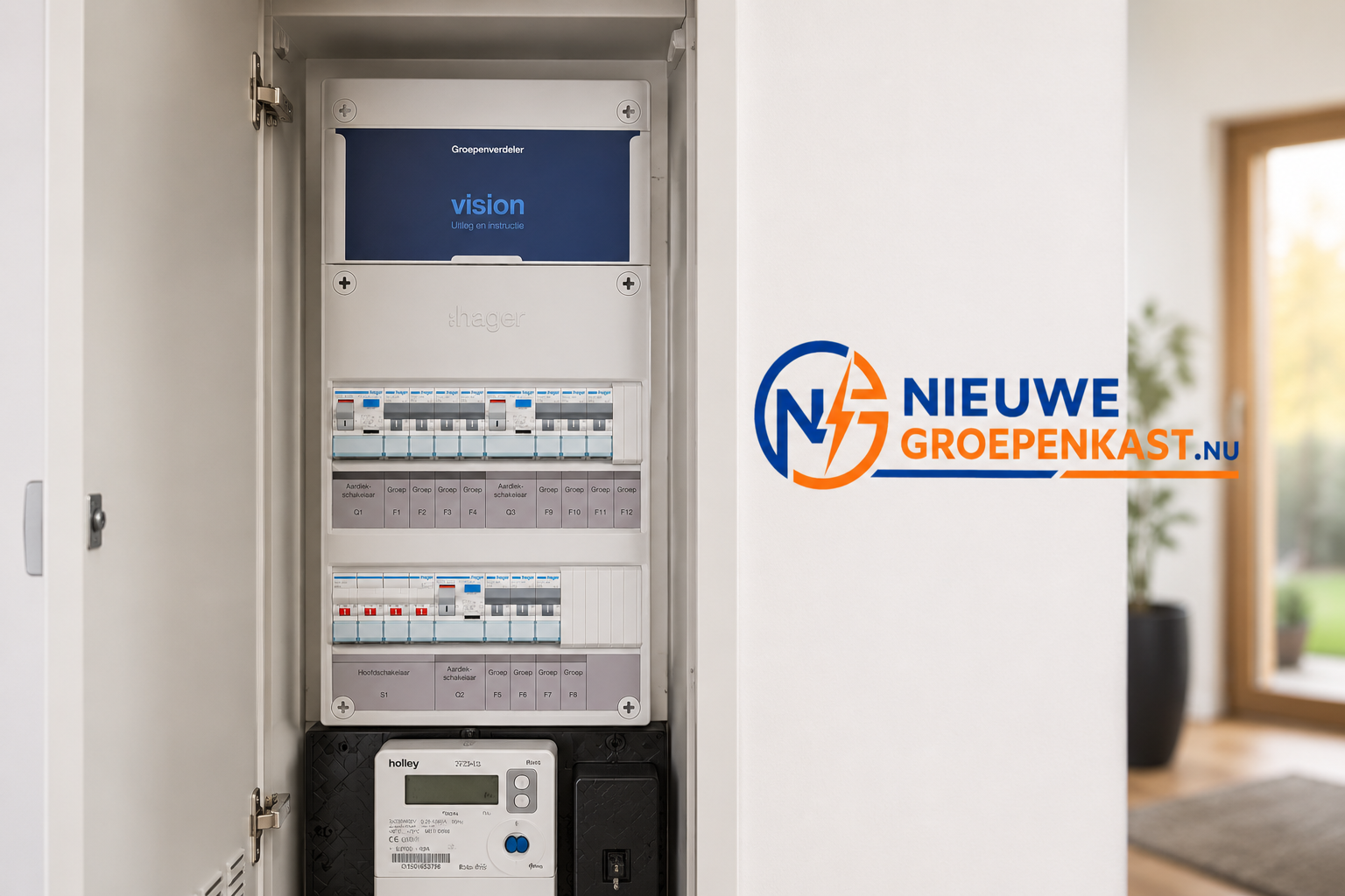 Moderne groepenkast met slimme meter in Nederlandse meterkast