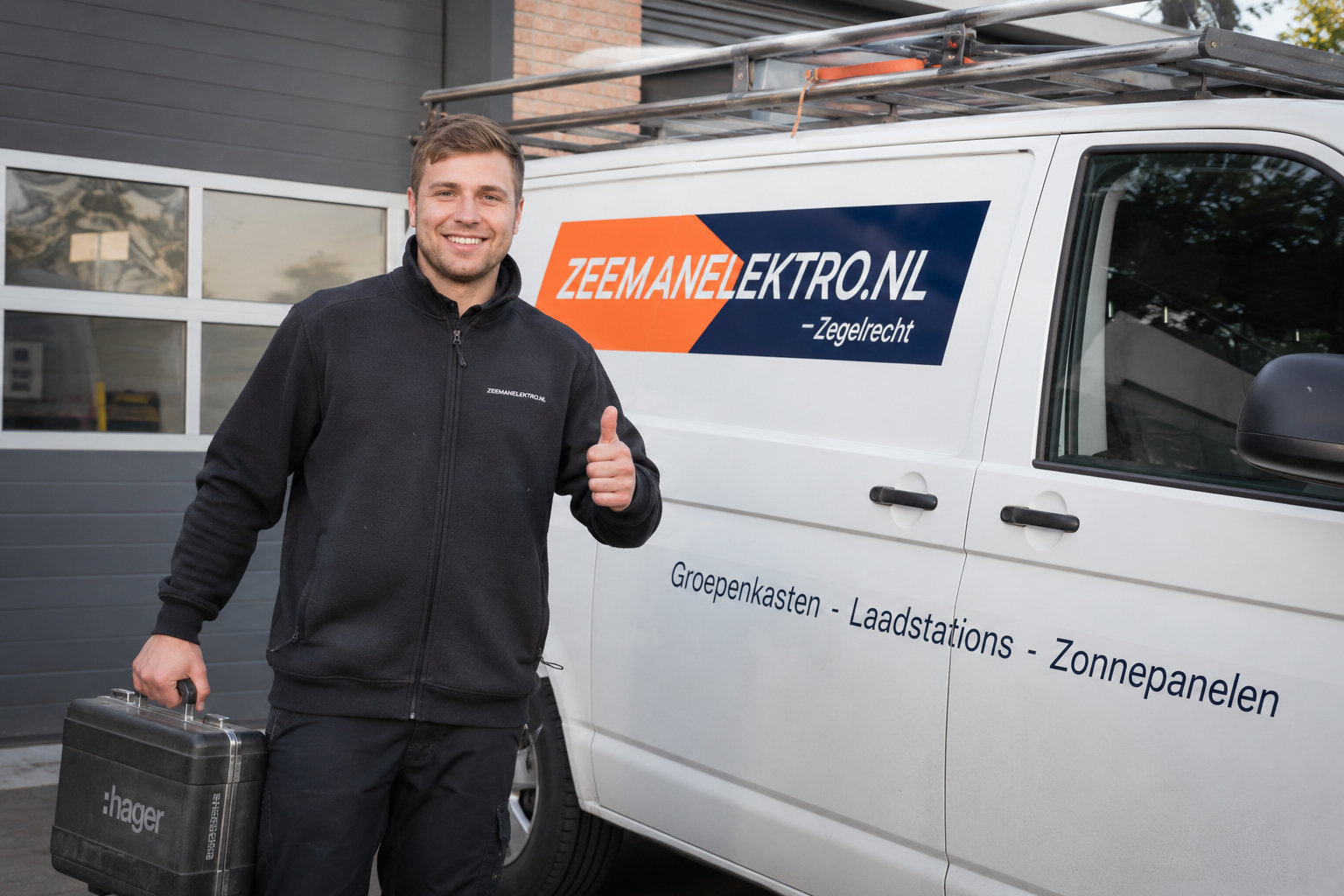 Monteur van Zeemanelektro bij de bedrijfsbus met duim omhoog